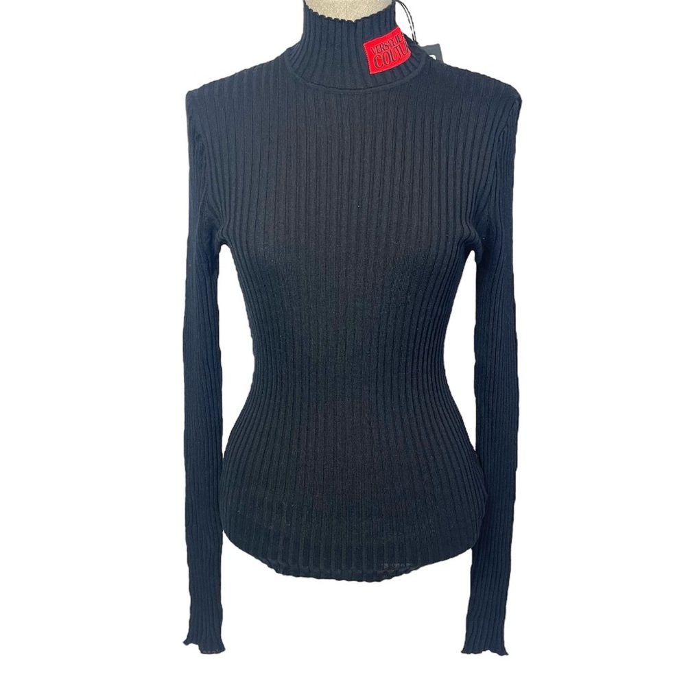 Versace Jeans Couture Ribbed Mock Neck Sweater Black Logo Patch S NWT